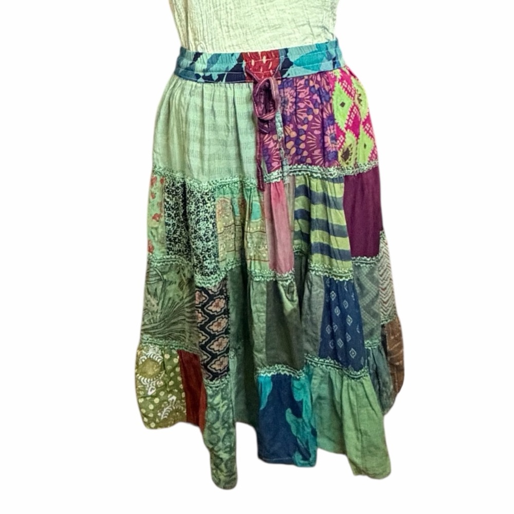Patchwork Boho Midi Skirt Elastic Waist Festival Cottagecore Artisan OSFM